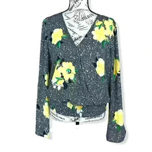 INC, v-neck Gingham floral print blouse- Large